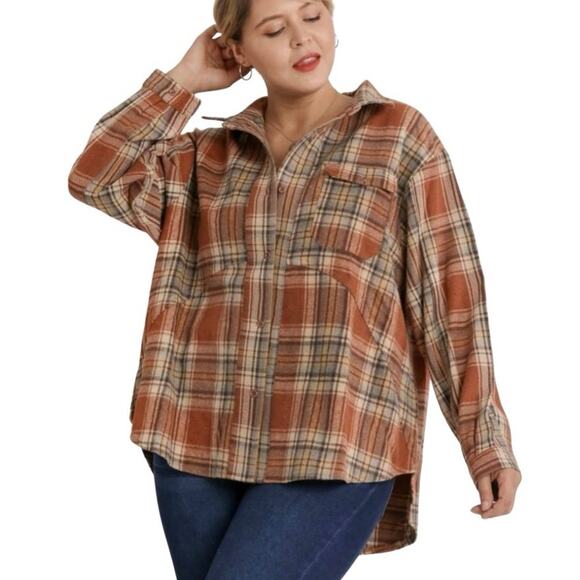 Umgee 1XL Burnt Orange Rust Plaid Hi-Lo Loose Fit Flannel Button Down Shacket - Picture 1 of 12